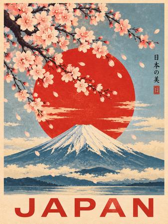 JAPAN TRAVEL POSTER WITH FUJI AND SAKURA