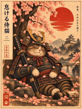 LAZY SAMURAI CAT UNDER CHERRY BLOSSOMS