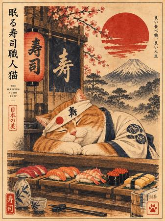 SLEEPING SUSHI CHEF CAT UKIYO-E