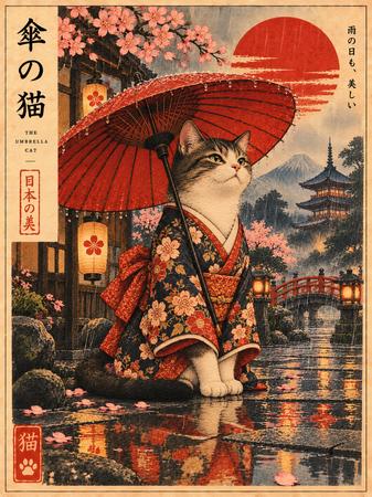 THE UMBRELLA CAT IN RAIN