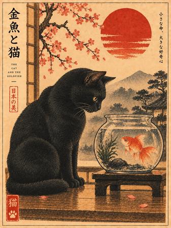 UKIYO-E CAT AND GOLDFISH PRINT
