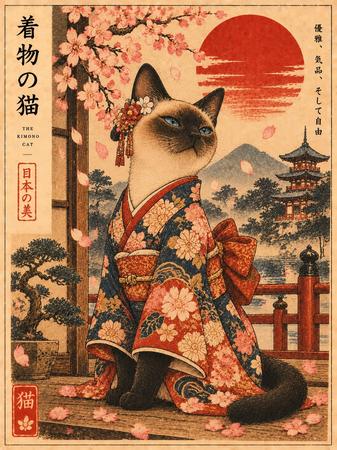 UKIYO-E SIAMESE CAT IN KIMONO