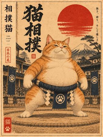UKIYO-E SUMO CAT POSTER