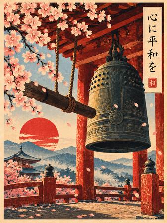 UKIYO-E TEMPLE BELL AT SUNSET