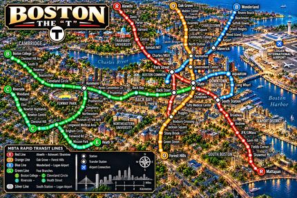 BOSTON MBTA T TRANSIT MAP AT DUSK