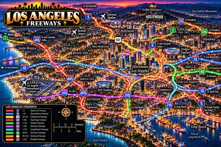 LOS ANGELES FREEWAYS NEON MAP