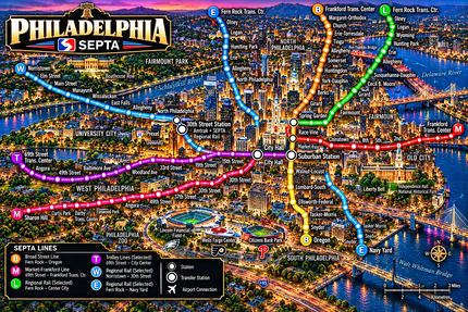 PHILADELPHIA SEPTA TRANSIT MAP AT TWILIGHT