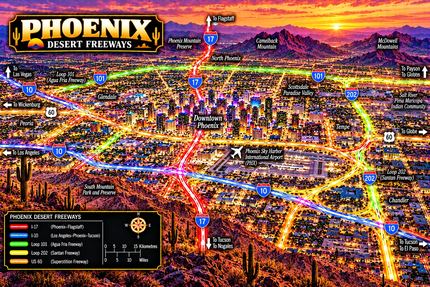 PHOENIX DESERT FREEWAYS AT SUNSET