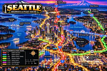 SEATTLE NEON HIGHWAYS AND PUGET SOUND MAP